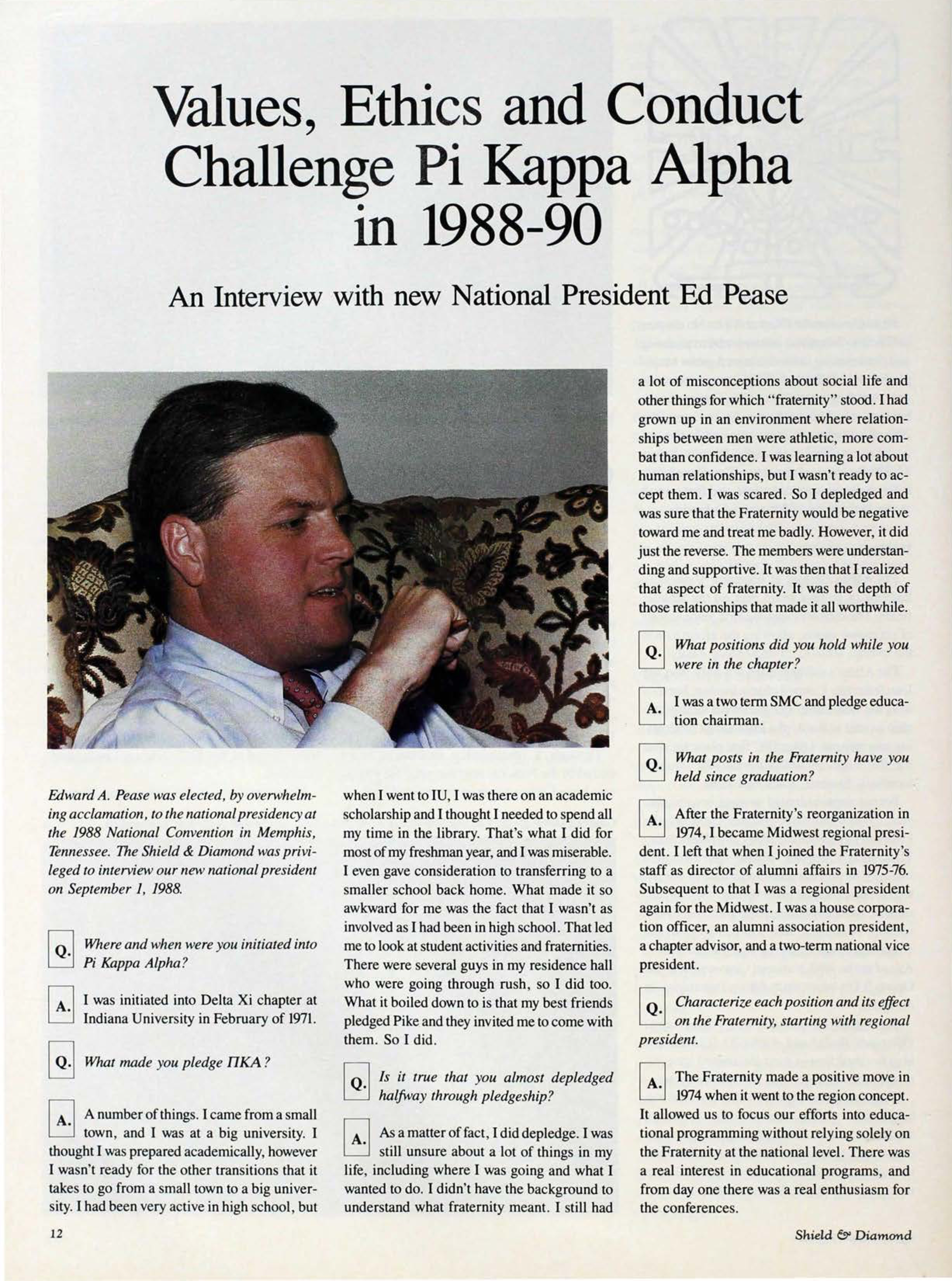Values, Ethics and Conduct Challenge Pi Kappa Alpha in 1988-90